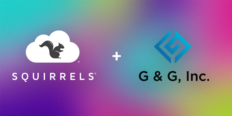 Logos for Squirrels and G & G, Inc. together on a multi-colored background